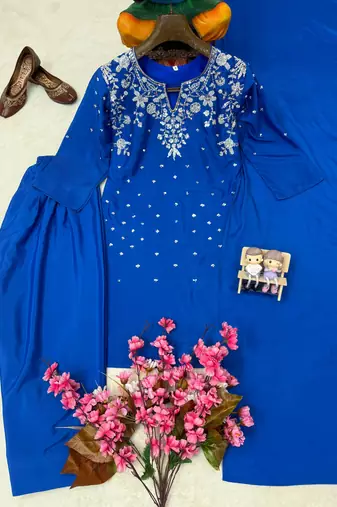 Blue Color Beautiful Fully Beads  & Sequins embroidery work Crepe Kurti Palazzo Set