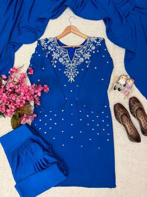 Blue Color Beautiful Fully Beads  & Sequins embroidery work Crepe Kurti Palazzo Set 5