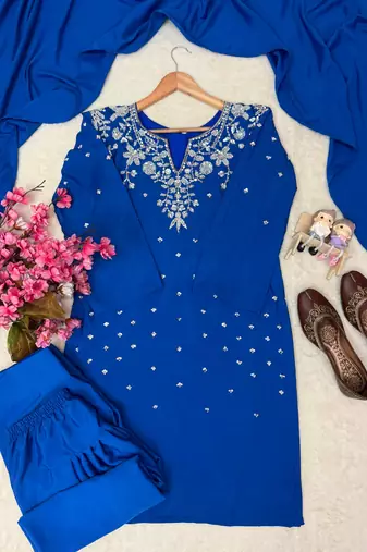 Blue Color Beautiful Fully Beads  & Sequins embroidery work Crepe Kurti Palazzo Set