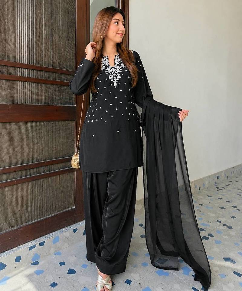 Black Color Beautiful Fully Beads  & Sequins embroidery work Crepe Kurti Palazzo Set