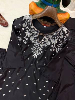 Black Color Beautiful Fully Beads  & Sequins embroidery work Crepe Kurti Palazzo Set 2