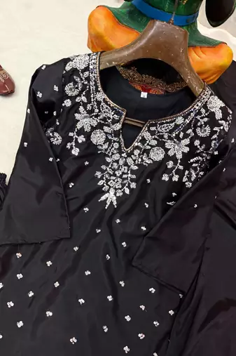 Black Color Beautiful Fully Beads  & Sequins embroidery work Crepe Kurti Palazzo Set