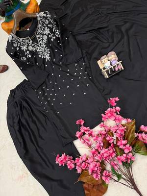 Black Color Beautiful Fully Beads  & Sequins embroidery work Crepe Kurti Palazzo Set 3