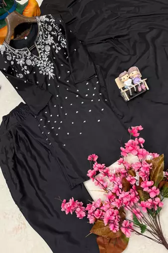 Black Color Beautiful Fully Beads  & Sequins embroidery work Crepe Kurti Palazzo Set