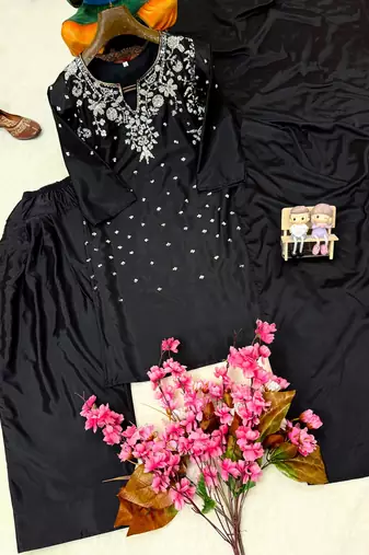 Black Color Beautiful Fully Beads  & Sequins embroidery work Crepe Kurti Palazzo Set