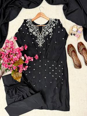 Black Color Beautiful Fully Beads  & Sequins embroidery work Crepe Kurti Palazzo Set 5