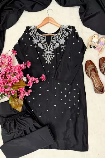Black Color Beautiful Fully Beads  & Sequins embroidery work Crepe Kurti Palazzo Set