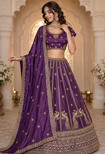 purple color Sequins and Zari Embroidery and Thread work silk blend Lehenga Choli set
