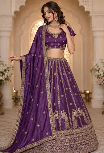 purple color Sequins and Zari Embroidery and Thread work silk blend Lehenga Choli set