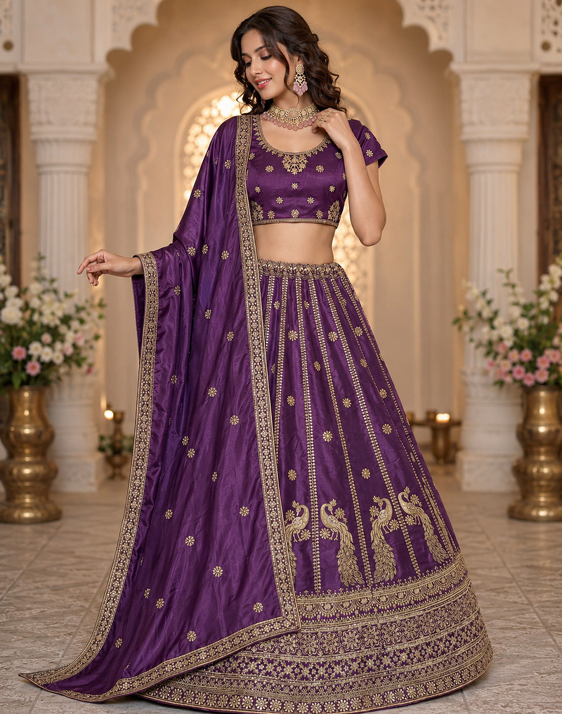 purple color Sequins and Zari Embroidery and Thread work silk blend Lehenga Choli set