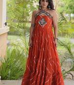 faux georgette laheriya print gown with kutchi patch work  12 meter flair sleeveless navratri garba gown 