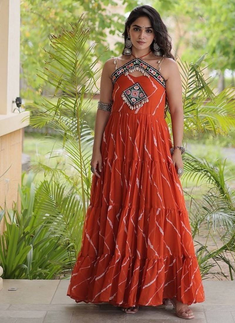 faux georgette laheriya print gown with kutchi patch work  12 meter flair sleeveless navratri garba gown 