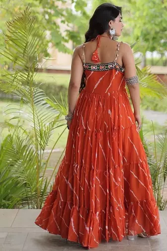 faux georgette laheriya print gown with kutchi patch work  12 meter flair sleeveless navratri garba gown 