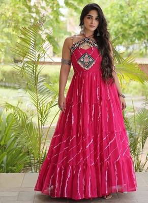 faux georgette laheriya print gown with kutchi patch work  12 meter flair sleeveless navratri garba gown  1