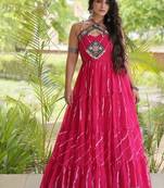 faux georgette laheriya print gown with kutchi patch work  12 meter flair sleeveless navratri garba gown 