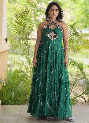 faux georgette laheriya print gown with kutchi patch work  12 meter flair sleeveless navratri garba gown  1