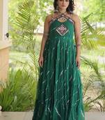 faux georgette laheriya print gown with kutchi patch work  12 meter flair sleeveless navratri garba gown 