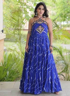 faux georgette laheriya print gown with kutchi patch work  12 meter flair sleeveless navratri garba gown  1