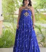 faux georgette laheriya print gown with kutchi patch work  12 meter flair sleeveless navratri garba gown 