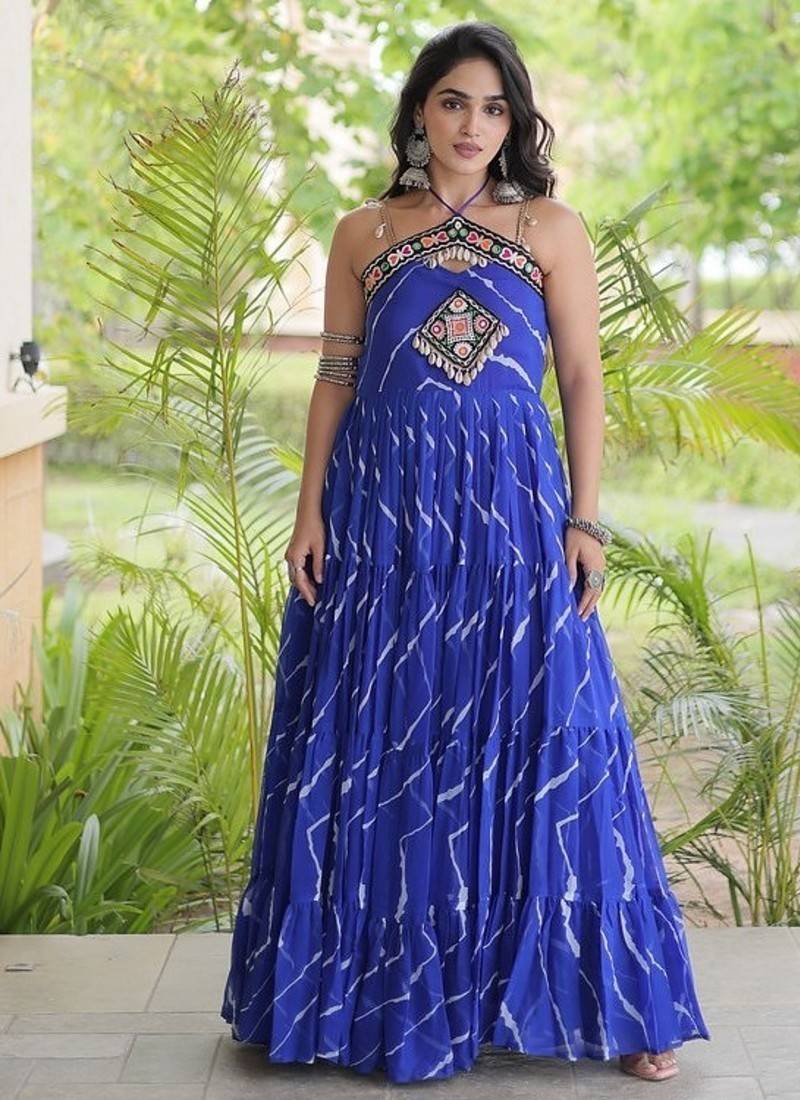 faux georgette laheriya print gown with kutchi patch work  12 meter flair sleeveless navratri garba gown 