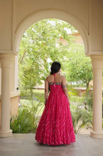 faux georgette laheriya print gown with kutchi patch work  12 meter flair sleeveless navratri garba gown 