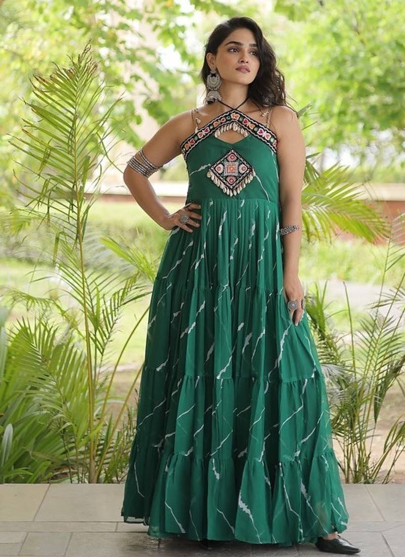 faux georgette laheriya print gown with kutchi patch work  12 meter flair sleeveless navratri garba gown 