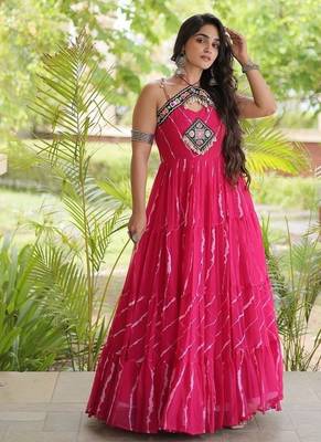 faux georgette laheriya print gown with kutchi patch work  12 meter flair sleeveless navratri garba gown  3