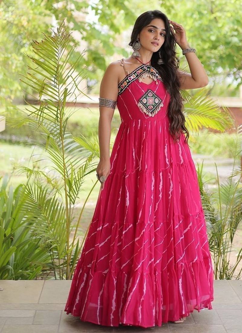 faux georgette laheriya print gown with kutchi patch work  12 meter flair sleeveless navratri garba gown 