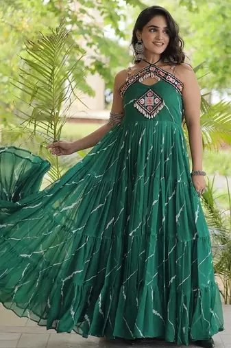 faux georgette laheriya print gown with kutchi patch work  12 meter flair sleeveless navratri garba gown 