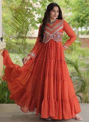 bandhani print faux georgette gown with kutchi patch work  12 meter flair  full sleeves  navratri & garba wear  1