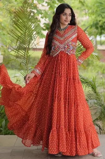 bandhani print faux georgette gown with kutchi patch work  12 meter flair  full sleeves  navratri & garba wear 