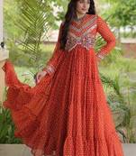 bandhani print faux georgette gown with kutchi patch work  12 meter flair  full sleeves  navratri & garba wear 