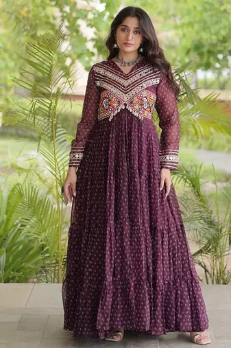 bandhani print faux georgette gown with kutchi patch work  12 meter flair  full sleeves  navratri & garba wear 