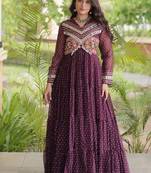 bandhani print faux georgette gown with kutchi patch work  12 meter flair  full sleeves  navratri & garba wear 