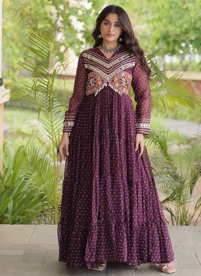 bandhani print faux georgette gown with kutchi patch work  12 meter flair  full sleeves  navratri & garba wear 