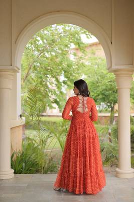 bandhani print faux georgette gown with kutchi patch work  12 meter flair  full sleeves  navratri & garba wear  2