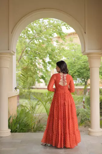 bandhani print faux georgette gown with kutchi patch work  12 meter flair  full sleeves  navratri & garba wear 