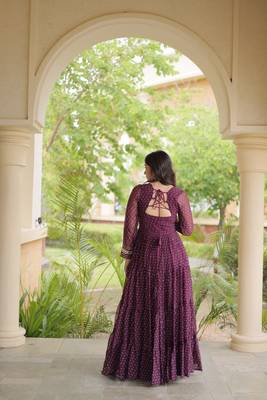 bandhani print faux georgette gown with kutchi patch work  12 meter flair  full sleeves  navratri & garba wear  2