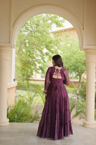 bandhani print faux georgette gown with kutchi patch work  12 meter flair  full sleeves  navratri & garba wear 