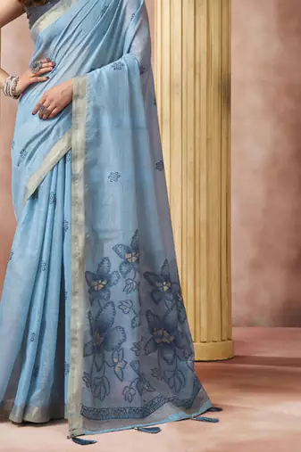 sky blue cotton blend with tassels casul wear saree