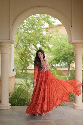 bandhani print faux georgette gown with kutchi patch work  12 meter flair  full sleeves  navratri & garba wear  3