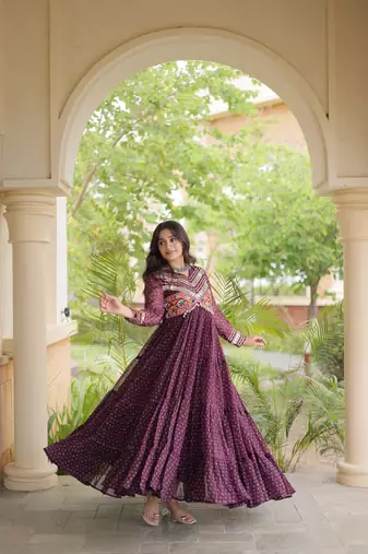 bandhani print faux georgette gown with kutchi patch work  12 meter flair  full sleeves  navratri & garba wear 