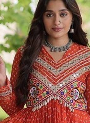 bandhani print faux georgette gown with kutchi patch work  12 meter flair  full sleeves  navratri & garba wear  4
