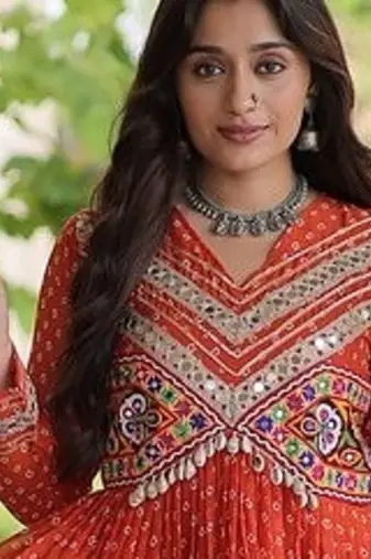 bandhani print faux georgette gown with kutchi patch work  12 meter flair  full sleeves  navratri & garba wear 