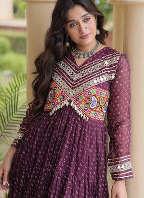 bandhani print faux georgette gown with kutchi patch work  12 meter flair  full sleeves  navratri & garba wear  4