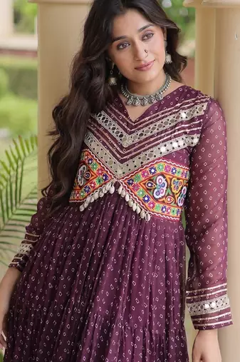 bandhani print faux georgette gown with kutchi patch work  12 meter flair  full sleeves  navratri & garba wear 