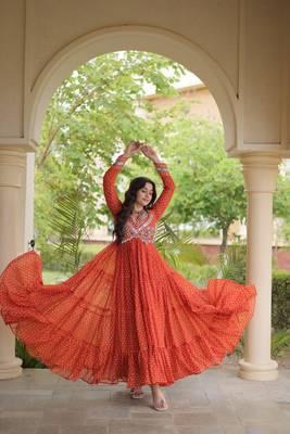 bandhani print faux georgette gown with kutchi patch work  12 meter flair  full sleeves  navratri & garba wear  5