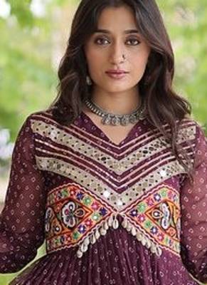 bandhani print faux georgette gown with kutchi patch work  12 meter flair  full sleeves  navratri & garba wear  5