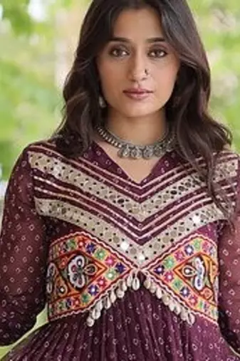 bandhani print faux georgette gown with kutchi patch work  12 meter flair  full sleeves  navratri & garba wear 