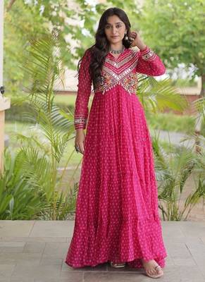 bandhani print faux georgette gown with kutchi patch work  12 meter flair  full sleeves  navratri & garba wear  1